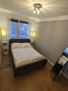ein Schlafzimmer mit einem Bett in einem Zimmer mit zwei Fenstern in der Unterkunft Bis zu 6 Personen, Bahnhofs- & Zentrumsnah, Südheide, Netflix und PS4 in Celle