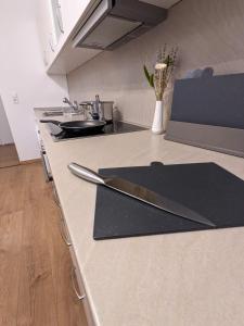 a kitchen with a counter with two knives on it at Bis zu 6 Personen, Bahnhofs- & Zentrumsnah, Südheide, Netflix und PS4 in Celle