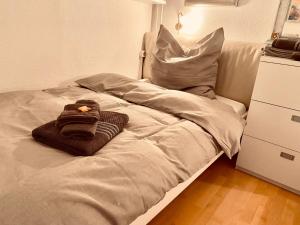 - un lit avec une couverture et une serviette dans l'établissement Apartment am Meer, à Sierksdorf