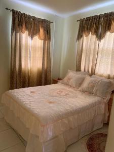 a bedroom with a large bed with curtains at Sasha’s Holiday Home Oistins Barbados in Christ Church