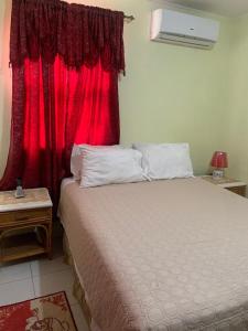 a bedroom with a bed with a red window at Sasha’s Holiday Home Oistins Barbados in Christ Church