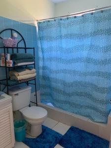 a bathroom with a blue shower curtain and a toilet at Sasha’s Holiday Home Oistins Barbados in Christ Church