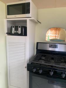 a kitchen with a stove and a microwave at Sasha’s Holiday Home Oistins Barbados in Christ Church
