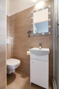 ein Badezimmer mit einem WC, einem Waschbecken und einem Spiegel in der Unterkunft Lovely serviced apartment Vienna 3km to DT+Balcony in Wien