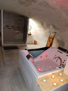 a bathroom with a pink bathtub in a room at Studio Glamour avec espace balnéo privé in Dallet