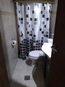 ein Badezimmer mit Toilette und Duschvorhang in der Unterkunft Casa Mar de Ostende in Ostende