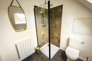 a bathroom with a shower and a toilet and a mirror at Le Nid • Cocoon • Netflix • Proche Centre-Ville in Châteauroux