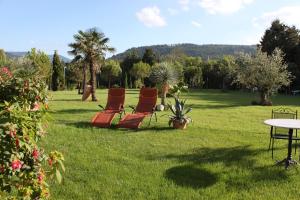 2 chaises et une table dans une prairie dans l'établissement Hazienda Apartmenthotel, à Gernsbach