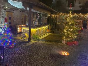 a group of christmas trees in a courtyard with lights at B&B bei Pepe Nero. in Sankt Pölten