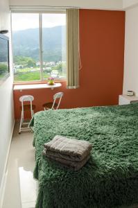 1 dormitorio con cama verde y ventana grande en Vista al Mar Verde de Armenia con parqueadero privado, en Armenia