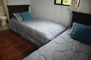 1 Schlafzimmer mit 2 Betten und blauen Kissen in der Unterkunft Finca Verde Vivo in Tena