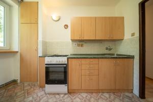 uma cozinha com armários de madeira e um forno com placa de fogão em Rodinný apartmán Nová Seninka em Staré Mesto