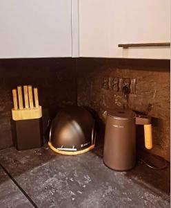 - un comptoir de cuisine avec une poubelle et un mixeur dans l'établissement Apartament W Starym Obiektywie, à Kowary