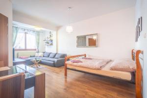ein Wohnzimmer mit einem Bett und einem Sofa in der Unterkunft TATRYSTAY Great Apartment - 2 King size beds in Veľká Lomnica