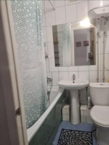 uma casa de banho com um chuveiro, um lavatório e um WC. em Квартира у метро Спортивная em Kharkov