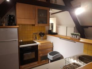 La cuisine est équipée de placards en bois et d'un four avec plaques de cuisson. dans l'établissement Le Nid d'hirondelles - Appartement de caractère hypercentre au calme, à Bourges