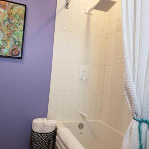 uma casa de banho com uma banheira e um chuveiro com uma cortina de chuveiro em Global Village Permaculture and B&B em Oliver