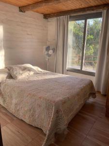 1 dormitorio con 1 cama, ventana y ventilador en los Reyunos Club Náutico y Pesca - TiloHouse en San Rafael