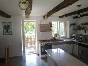 a kitchen with a sink and a stove top oven at Borlova /Muntele Mic in Borlova