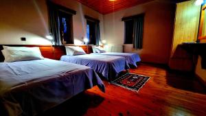 dwa łóżka w pokoju z dwoma oknami w obiekcie Vikos View w mieście Aristi