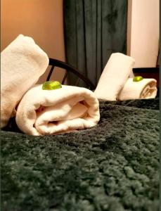 a towel with a lime on it sitting on a table at Apartament W Starym Obiektywie in Kowary