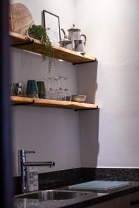 a kitchen counter with a sink and wooden shelves at Blue Bay Resort luxury apartment Green View in Dorp Sint Michiel