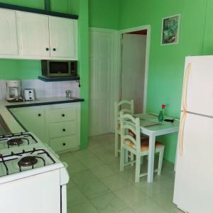 een keuken met groene muren en een tafel en een koelkast bij Ocean Sky Apartments in Christ Church