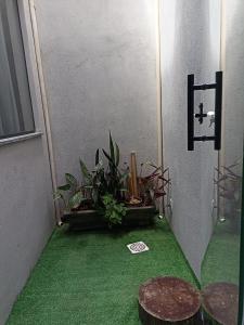 a room with green flooring and a door with plants at D'Santos Hospedaria. Aconchego perto de Tiradentes in Coroas