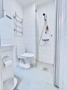 y baño blanco con ducha y aseo. en Authentic Central Apartment Helsinki, en Helsinki