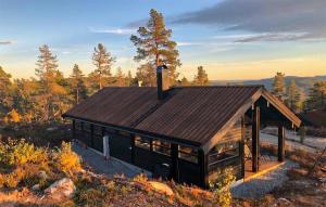 eine kleine Hütte mit braunem Dach in einem Wald in der Unterkunft Beautiful Home In Fl With Kitchen in Flå