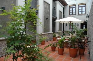 patio z parasolem, krzesłami i doniczkami w obiekcie Posada Gotan w BuenosAires