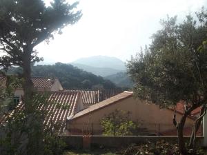 uma vista sobre telhados de casas com montanhas ao fundo em Appartement Banyuls-sur-Mer, 3 pièces, 6 personnes - FR-1-309-35 em Banyuls-sur-Mer