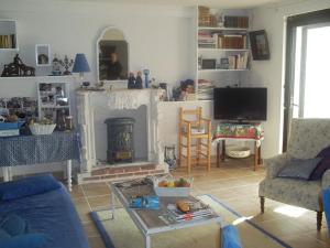 uma sala de estar com lareira e televisão em Appartement Banyuls-sur-Mer, 3 pièces, 6 personnes - FR-1-309-35 em Banyuls-sur-Mer