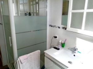 y baño con lavabo y ducha. en Maison Sarzeau, 8 pièces, 12 personnes - FR-1-639-18 en Sarzeau