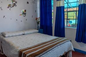 een slaapkamer met een bed met blauwe gordijnen en een raam bij Posada Azul Cusco in Cuzco