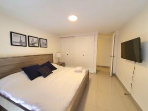 メキシコシティにあるAmplio depto 3 rec excelente ubicación Polancoのベッドルーム1室(大型ベッド1台、壁掛けテレビ付)