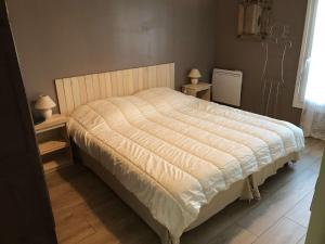 ein Bett in einem Schlafzimmer mit zwei Nachttischen und zwei Lampen in der Unterkunft Maison 3* avec jardin, terrasse sud-ouest, proche mer et commerces, à Trégastel - FR-1-368-367 in Trégastel
