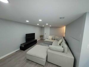 a living room with a couch and a television at Gorgeous Basement Apartment in Calgary