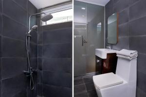 a bathroom with a shower and a toilet and a sink at Super OYO 977 Hong Kong Suites in Miri
