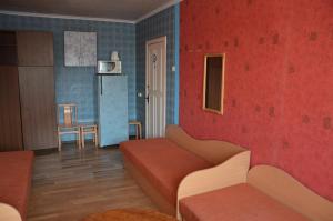 a living room with a couch and a kitchen at Chernobyl type rooms in a block flat house in Šiauliai