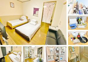 a collage of four pictures of a hospital room at PetitHotel017全室ミニキッチン付きファミリルーム 飲食街中心 阿波踊り会館7分 文理 徳島大学 アスティとくしま車8分 in Tokushima