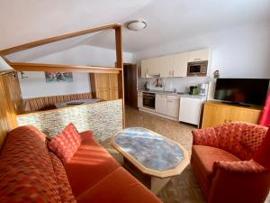 sala de estar con sofá y cocina en Appartement Hubner, en Ramsau am Dachstein