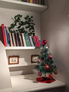 Un albero di Natale su un tavolo con dei libri di Lizium Spoleto a Spoleto