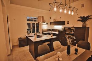 a large kitchen with a table and a counter top at Feriendomizil Villa Neidstein in Neukirchen bei Sulzbach-Rosenberg