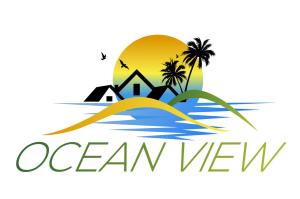 圣多美Ocean View Guesthouse的海洋中一个拥有房子和棕榈树的度假胜地的标志