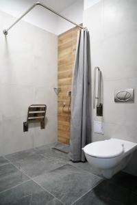 a bathroom with a toilet and a shower at Centralny Ośrodek Sportu - Cetniewo we Władysławowie in Władysławowo