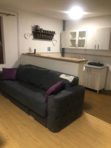 a black couch in a living room with a kitchen at Apartman Petrovic- 300m od gondole in Brzeće