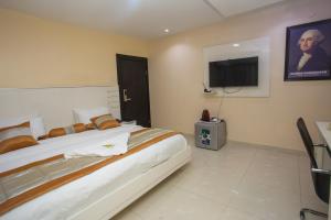 a bedroom with a large bed and a flat screen tv at Appleville Suites in Ikeja