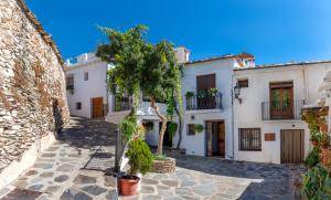 a row of white buildings with trees in a street at Casa Antonia Capileira La Alpujarra in Capileira