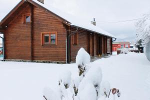una cabaña de madera en la nieve con arbustos nevados en Drevenica Trnovec en Liptovský Trnovec